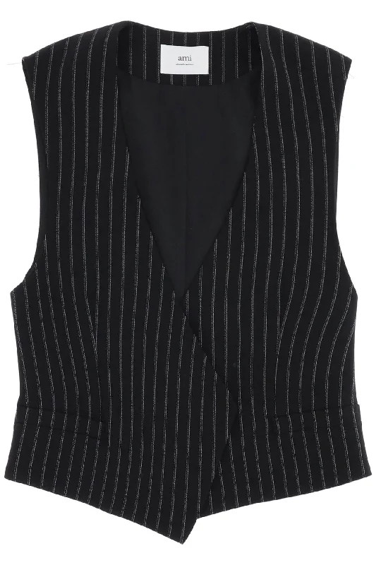 Virgin Wool Pinstripe Waistcoat  - Black