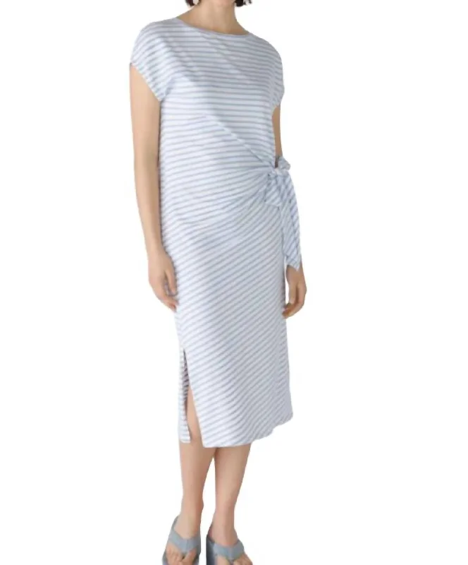 Jersey Tie Waist Dress In Off White/blue