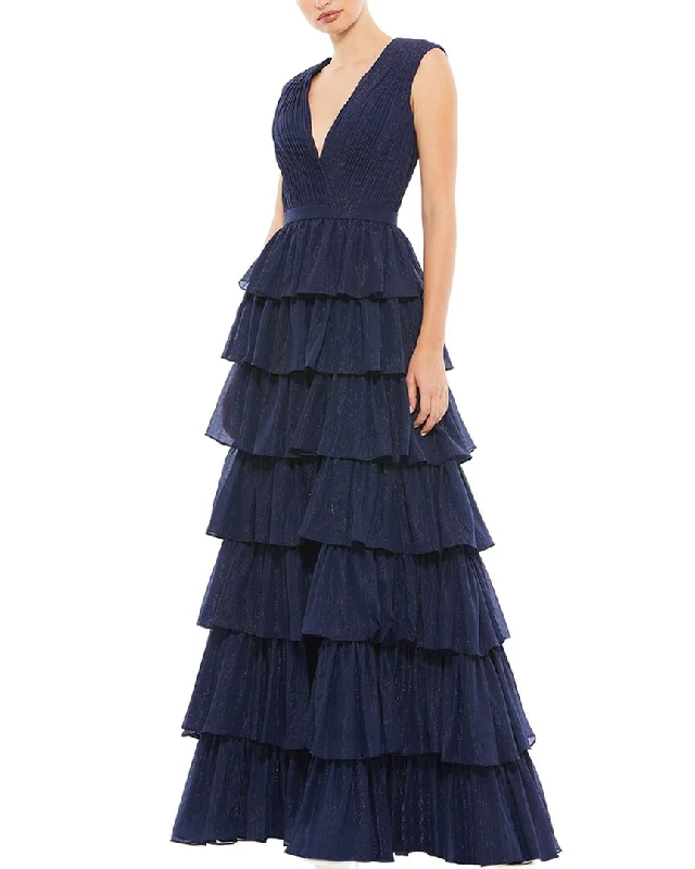 Mac Duggal Sleeveless Plunge Neck Ruffle Tiered Gown