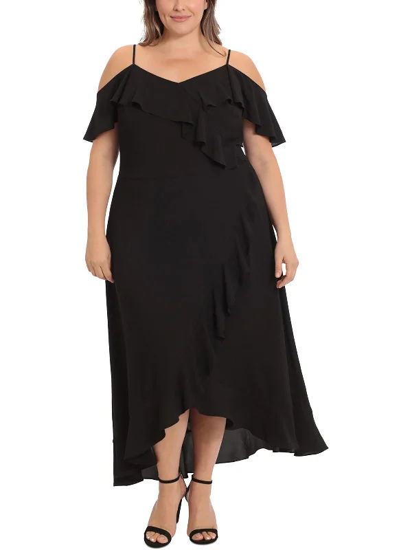 Plus Womens Ruffled Cold Shoulder Maxi Dress