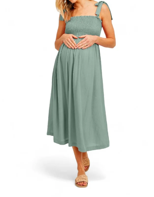 Tie Shoulder Smocked Maternity Midi Dress In Sage