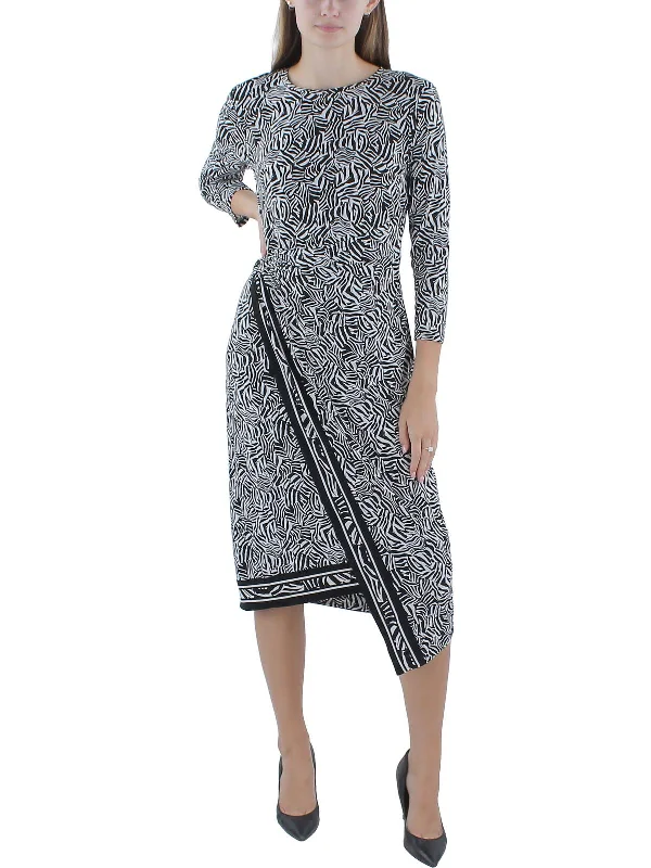 Womens Zebra Faux-Wrap Wear To Work Dress