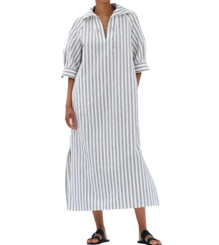 Aiolos Short Sleeved Caftan Dress In Blue/ivory Stripes