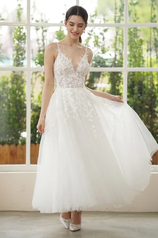 A-Line Ankle Length Lace Tulle Wedding Dress CW3316