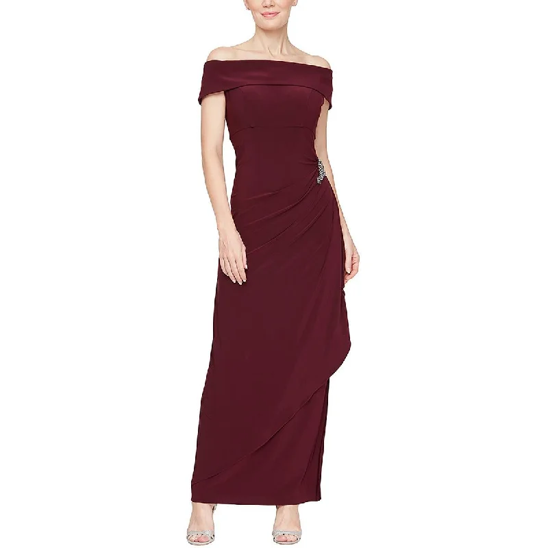 Plus Womens Off-The-Shoulder Embellished Evening Dress