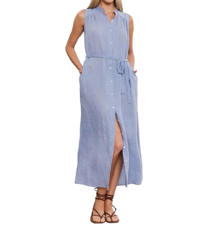 Luna Button Down Tank Dress In Blue Haze