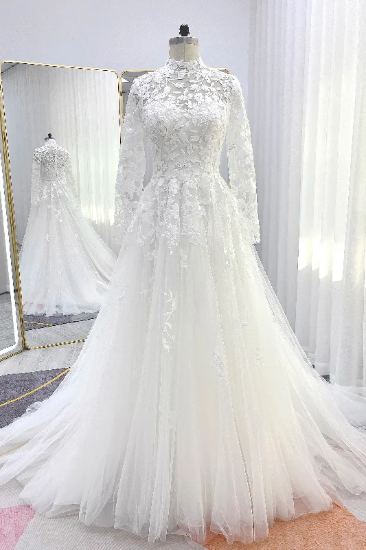 A-Line Court Train Lace Tulle Wedding Dress CW3234