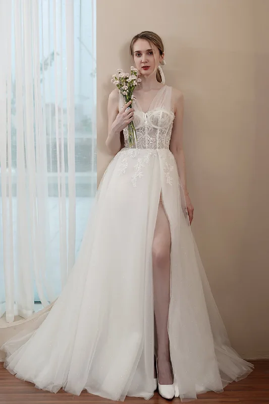 A-Line Sweep-Brush Train Lace Tulle Wedding Dress CW2973