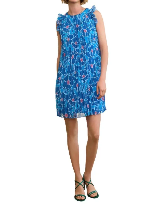 Textured Poppies Pleated Dress In Malibu Blue