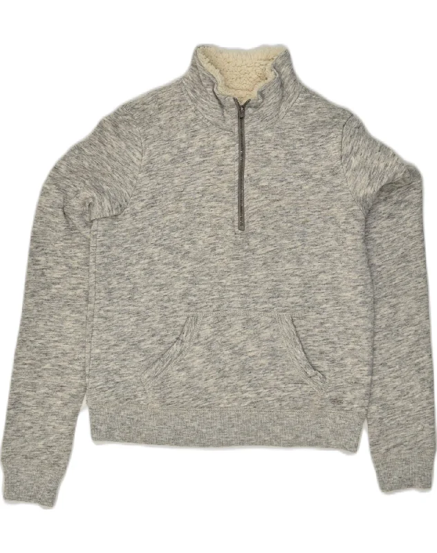 HOLLISTER Womens Sherpa Zip Neck Sweatshirt Jumper UK 6 XS  Grey Flecked