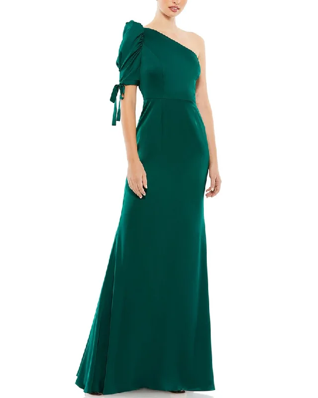 Mac Duggal Satin One Shoulder Puff Sleeve Trumpet Gown