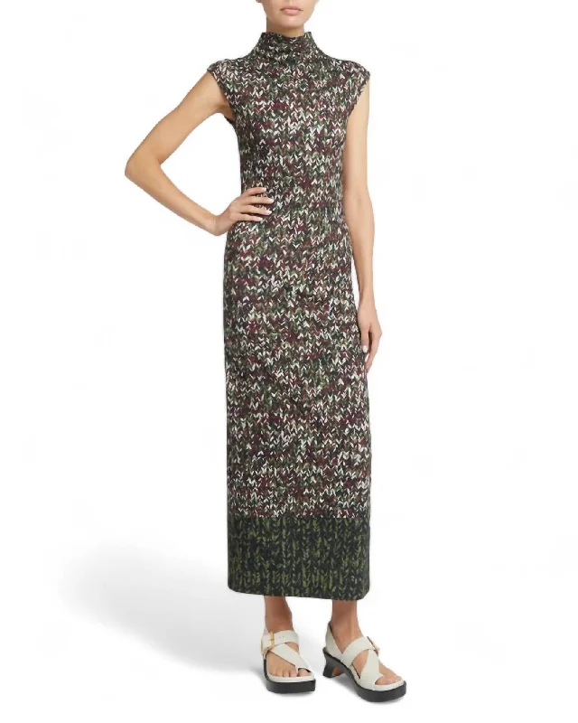 Print Jersey Column Dress In Khaki Green/multi