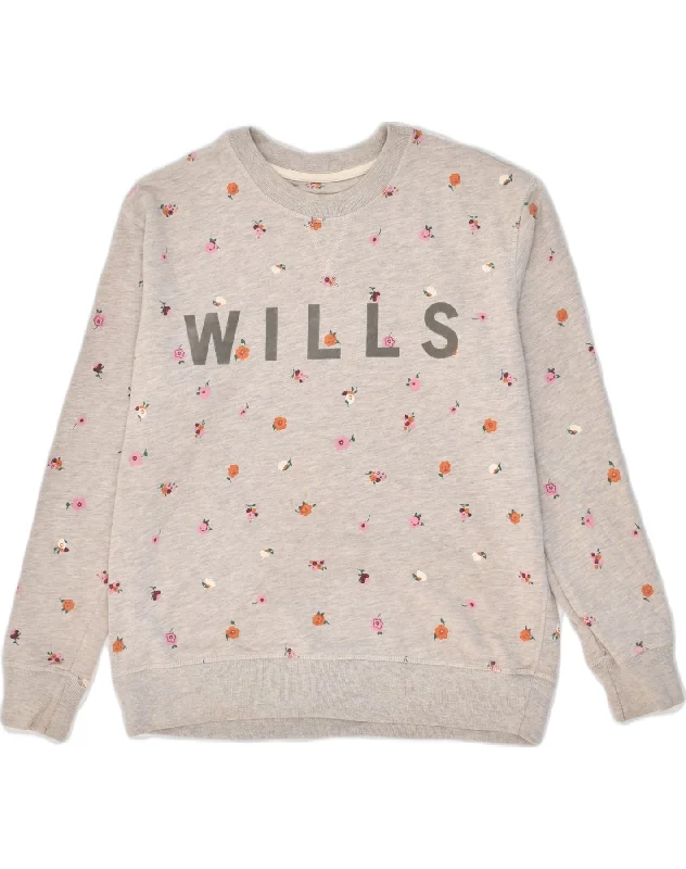 JACK WILLS Womens Graphic Sweatshirt Jumper UK 10 Small Grey Floral Cotton