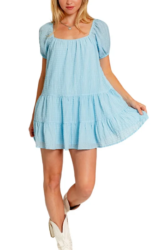 Short Puff Sleeve Tiered Dress In Baby Blue