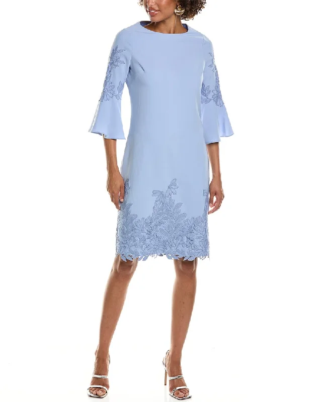 Teri Jon by Rickie Freeman Crepe Bell-Sleeve Lace Sheath Dress