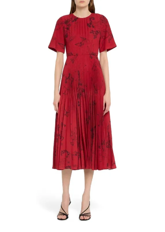 Floral Print Pleated Midi Dress In Red/black