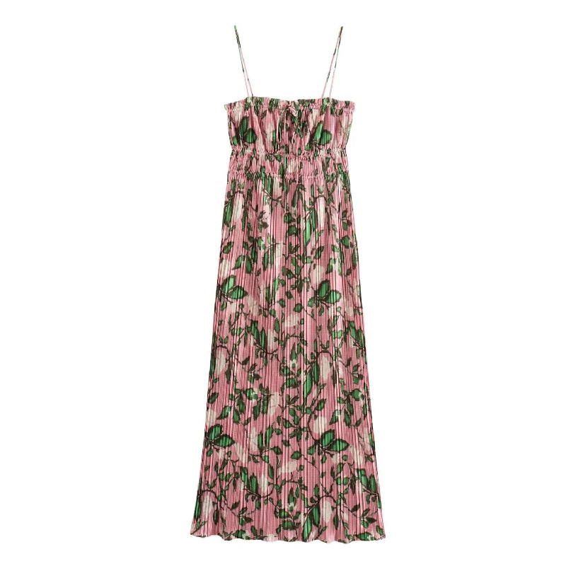 Women's Botanical Print Pleated Maxi Dress In Pink