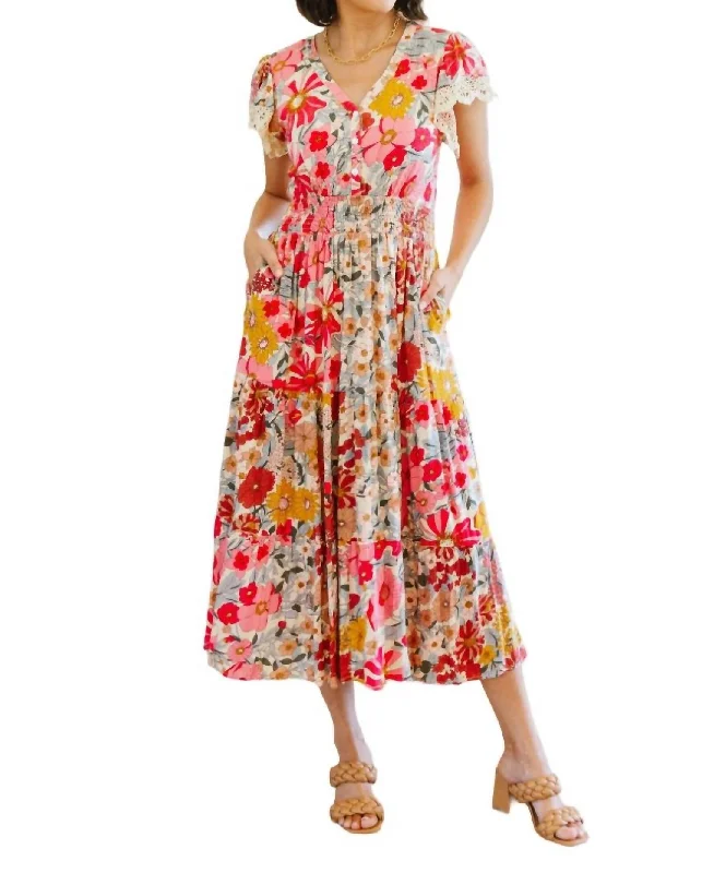 Please Don't Go Floral Midi Dress In Multi