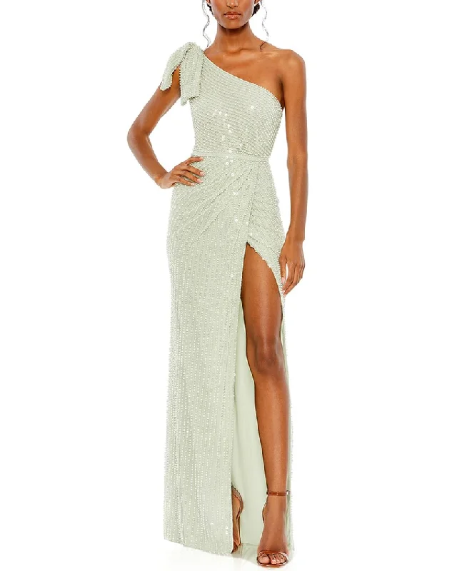 Mac Duggal Pearl Embellished Soft Tie One Shoulder Gown