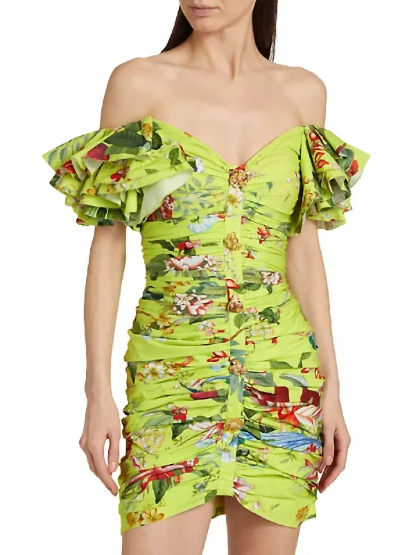 Off The Shoulder Floral Print Dress In Neon Yellow Multi