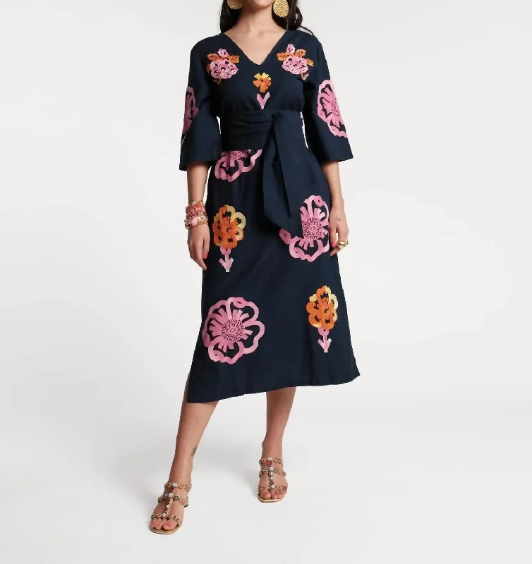 Emi Embroidered Dress In Gerbera Navy Pink