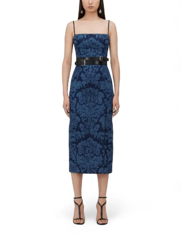 Damask Pencil Dress In Blue