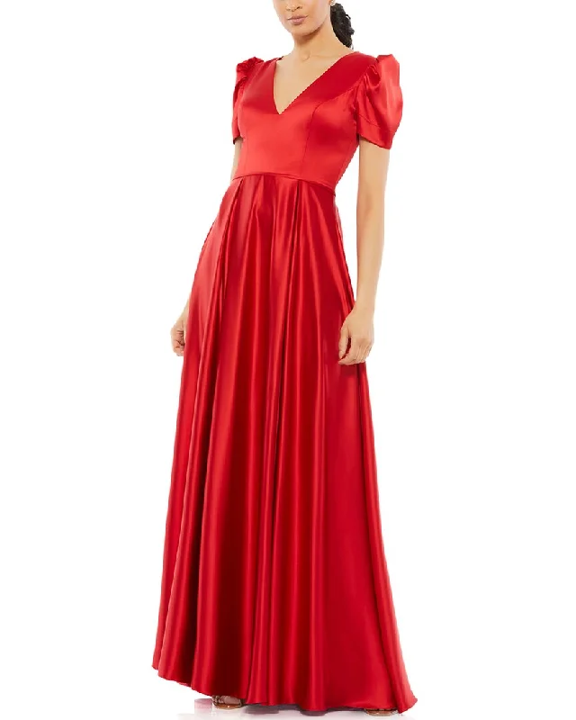 Mac Duggal V Neck Cap Puff Sleeve Satin Gown