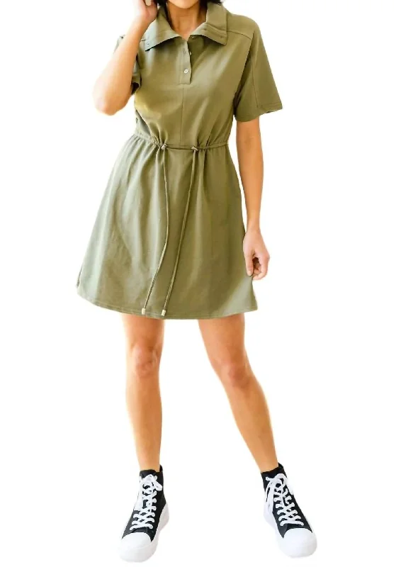 Darla Button Up Collared Dress In Olive