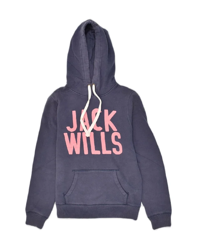 JACK WILLS Womens Graphic Hoodie Jumper UK 10 Small Navy Blue Cotton