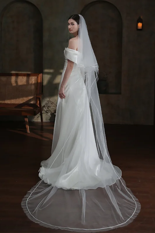 Two-tier Satin Edge Tulle Chapel Veils with Ribbons CV0319