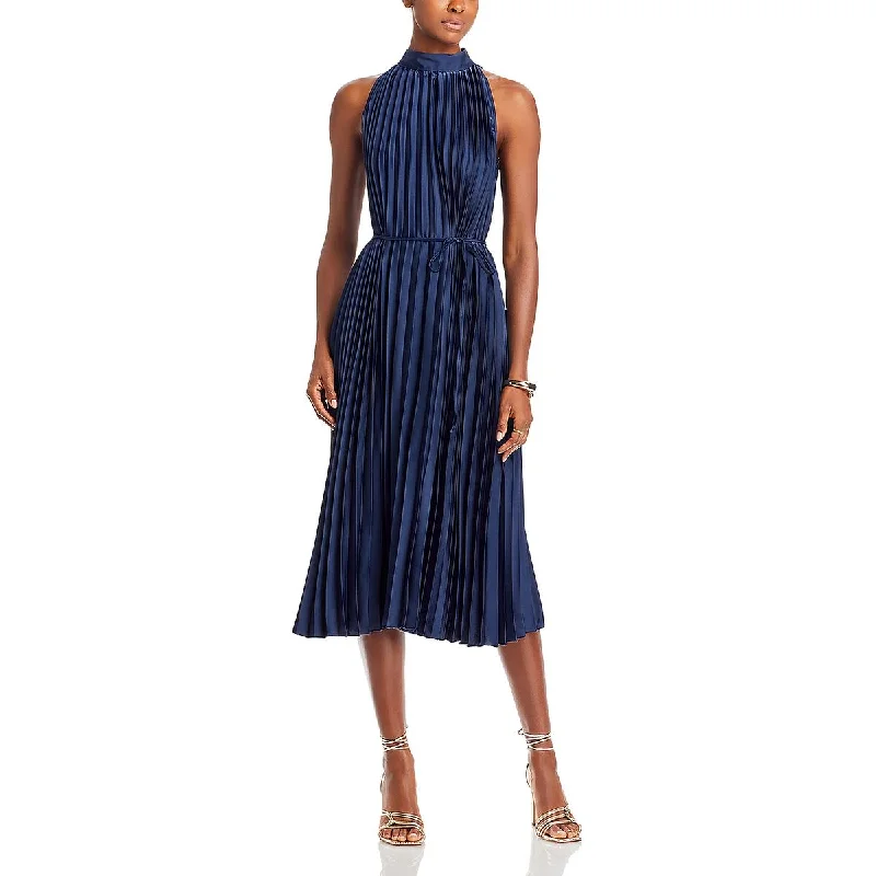 Womens Pleated High Neck Midi Dress