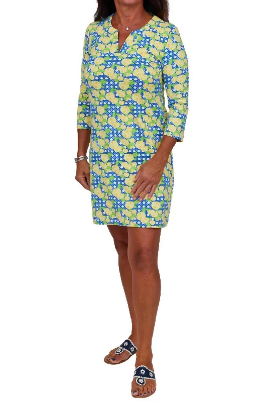 Lucille Boca Italian Lemon Cane Print Dress In Blue & Yellow