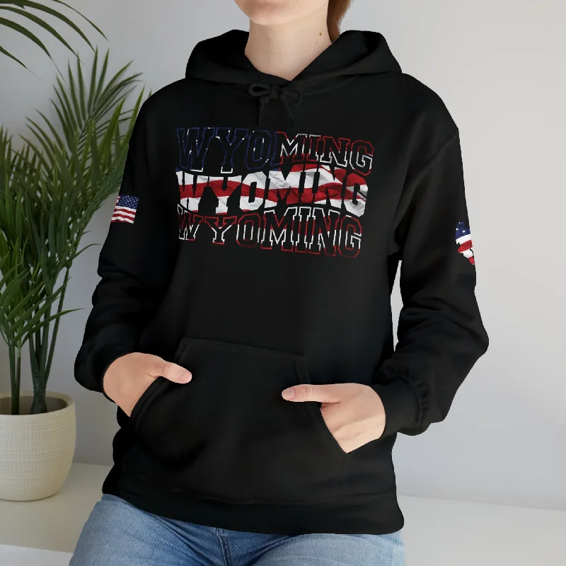 Wyoming Patriotic Wavy Name Heavy Blend Pullover Hoodie