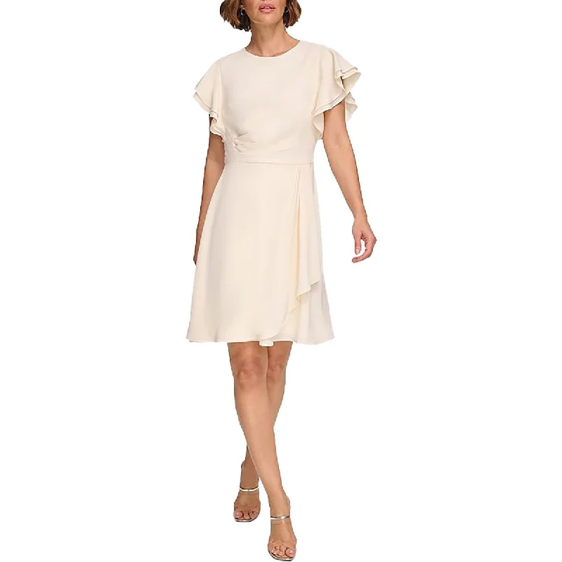 Womens Ruched Flutter Sleeves Fit & Flare Dress