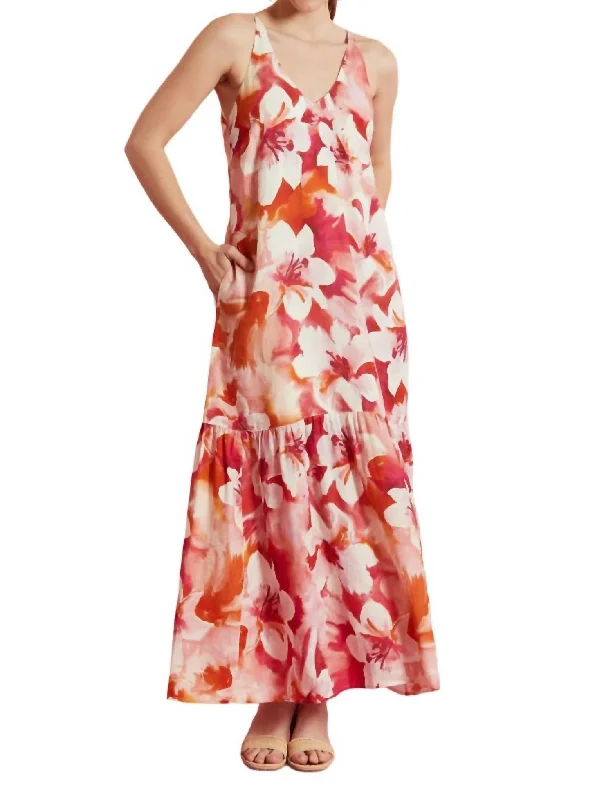 Lexi Linen Painterly Floral Dress In Red Multi