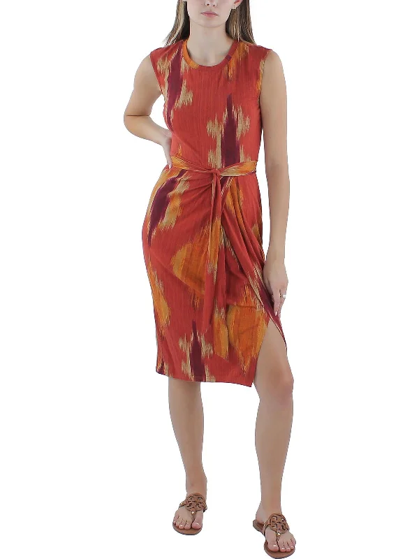 Womens Printed Belted Midi Dress