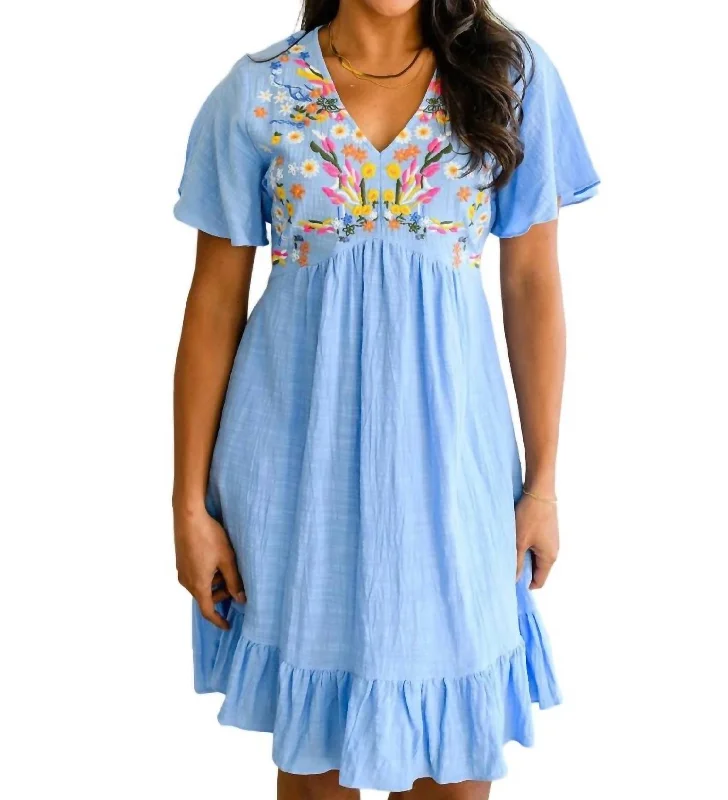 Cynthia V-Neck Embroidered Sundress In Blue