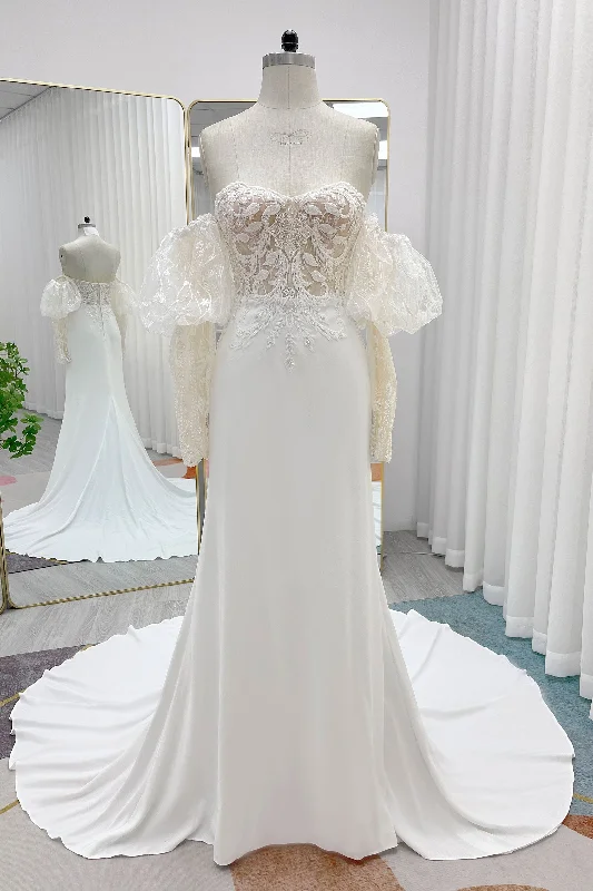 Trumpet-Mermaid Court Train Lace Stretch Satin Wedding Dress CW3266