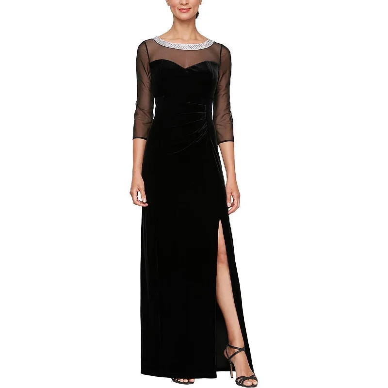 Plus Womens Embellished Jeweled Neck High Front Slit Evening Dress