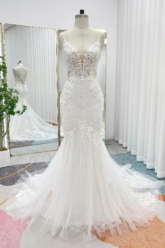 Trumpet-Mermaid Court Train Lace Tulle Wedding Dress CW3269