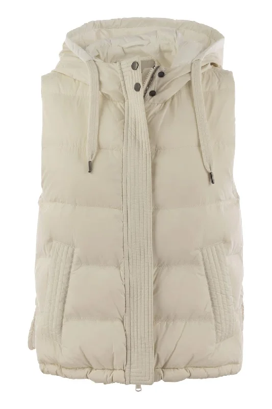 Sleeveless nylon down jacket with hood and Shiny Trim