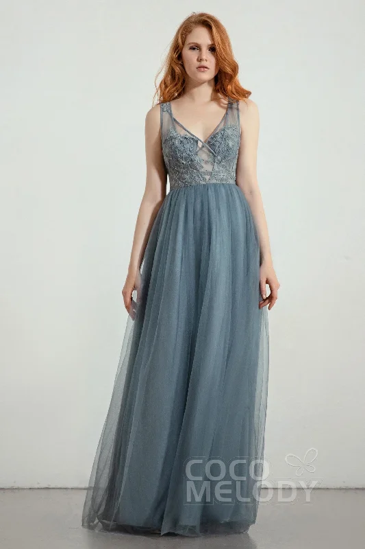 A-Line Floor Length Tulle Lace Bridesmaid Dress CB0436