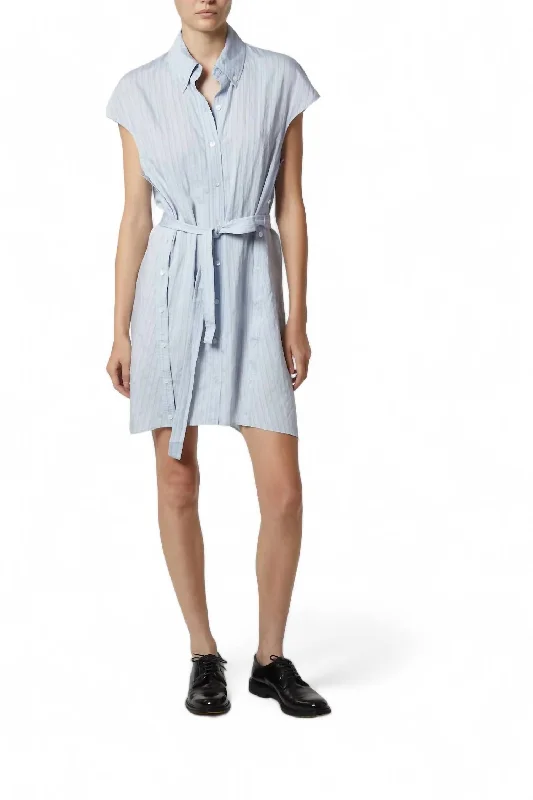 Talma Cap Sleeve Button Dress In Pale Blue Pinstripe