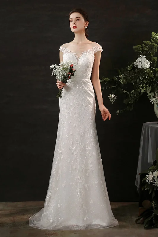 Sheath Sweep-Brush Train Lace Tulle Wedding Dress CW2700