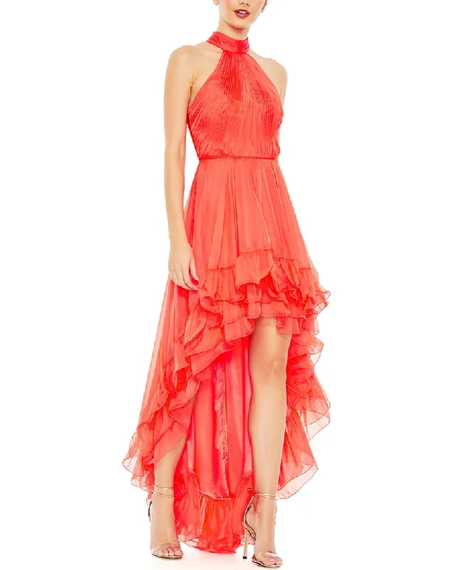 Mac Duggal Ruffle Tiered High Low Pleated Halter Neck Gown