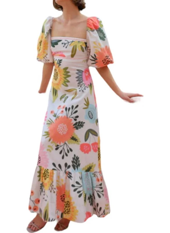 Printed Square Neck Sundress In Poutpourri