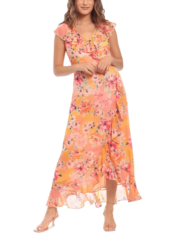 Petites Womens Chiffon Floral Print Maxi Dress