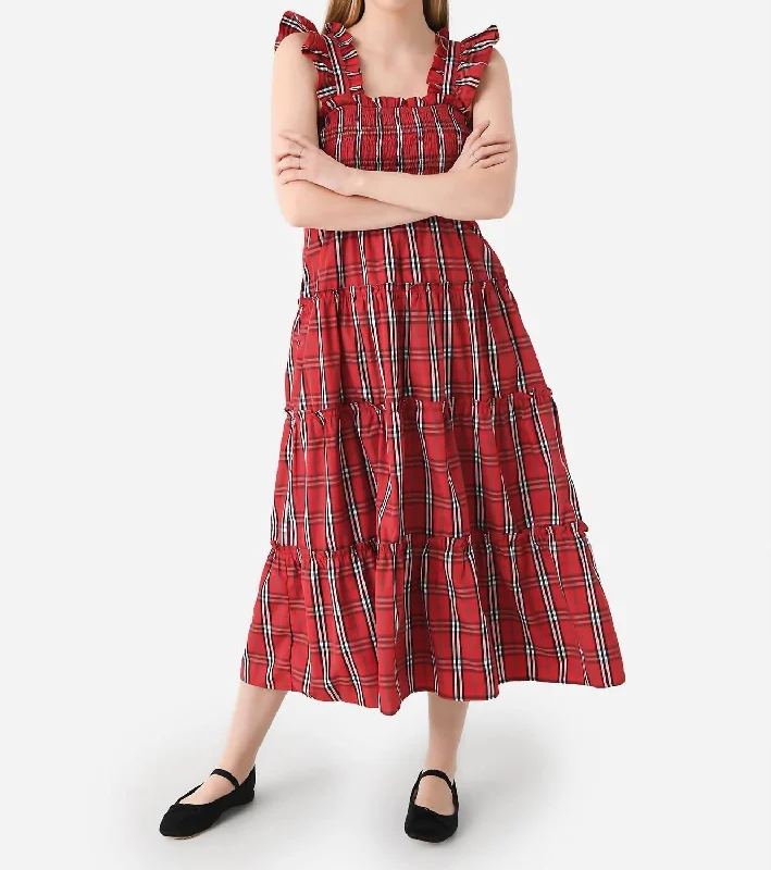 Rayna Ruffle Strap Midi Dress In Red Mini Gingham