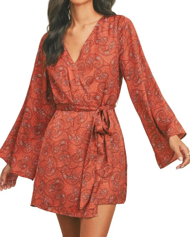 Fall Paisley Kimono Dress In Rust