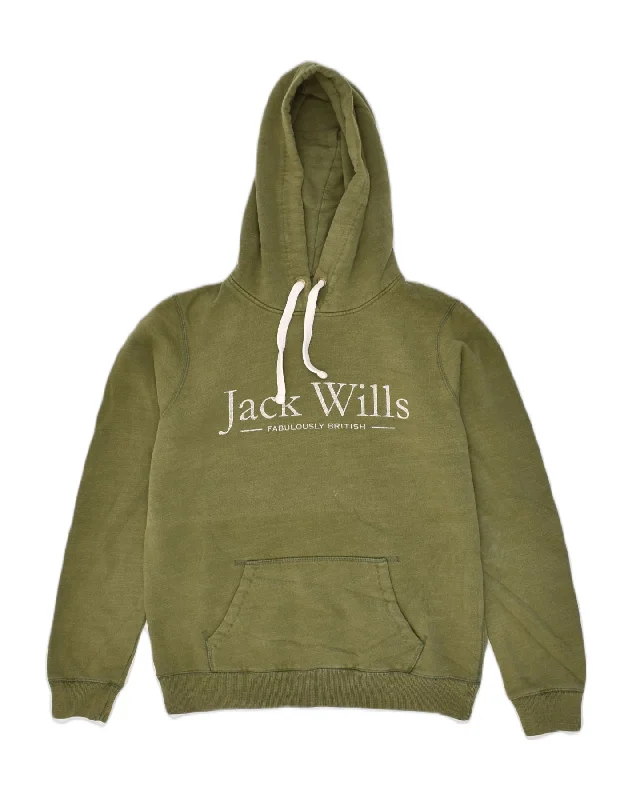 JACK WILLS Womens Graphic Hoodie Jumper UK 12 Medium Green Cotton